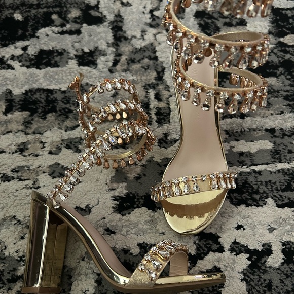 Shoes - Gold Stiletto Heels with Crystal Straps